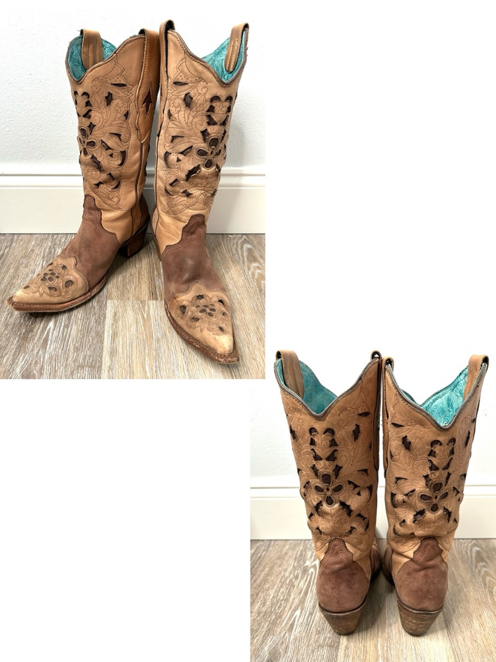 Corral Western Tan Brown Laser Cut Tooled Leather Cowgirl Boots Womens 7.5